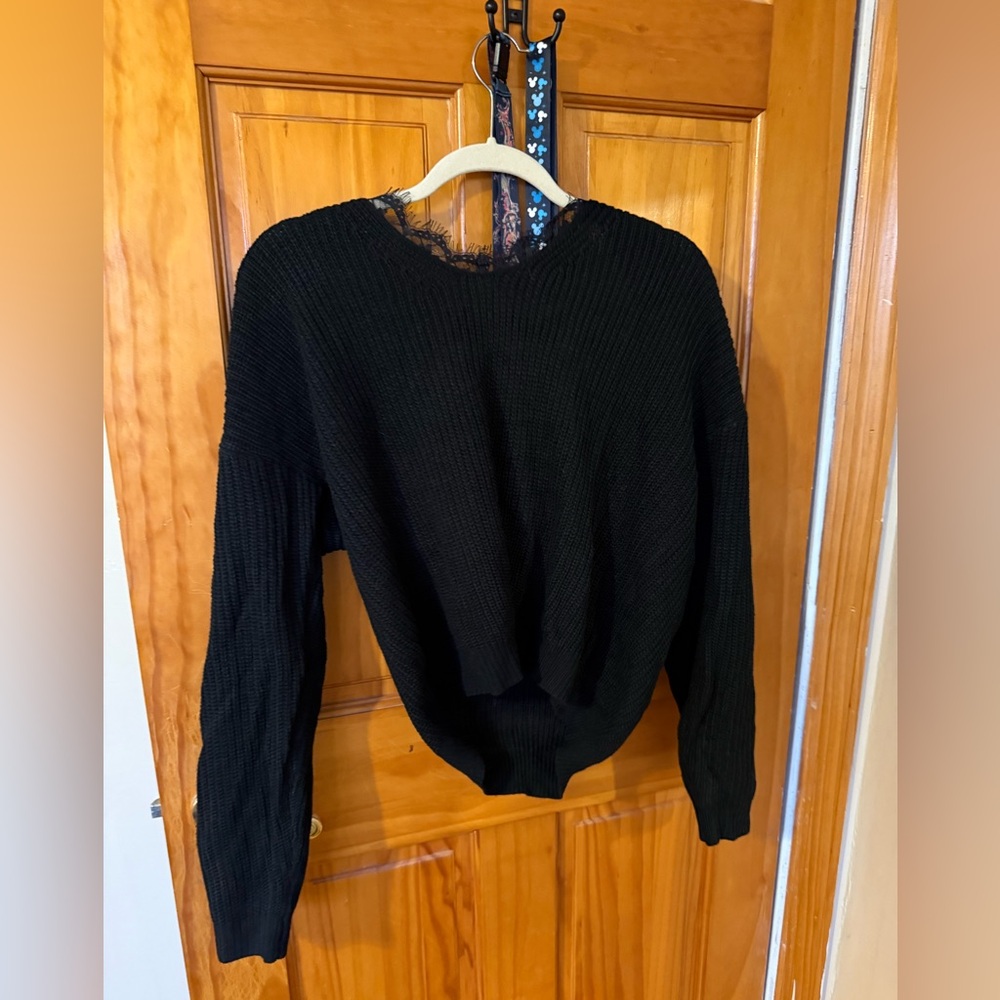 Shein Black Cropped Lace Sweater Top Size M